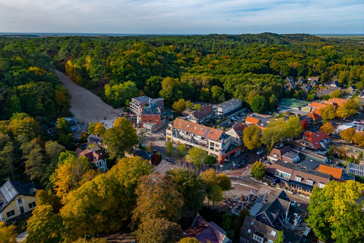 bovenaanzicht klimduin en het centrum van Schoorl met bossen en huizen